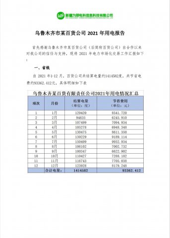 乌鲁木齐市某百货公司2021年用电报告